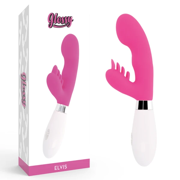 Glanzende konijnenvibrator Elvis Roze met clitorisstimulator