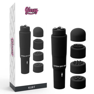 Glossy Kurt Taschenmassager Schwarz – Mini-vibrator met 4 opzetstukken Glossy Kurt Taschenmassager Schwarz – Mini-vibrator met 4 opzetstukken - Afbeelding 1