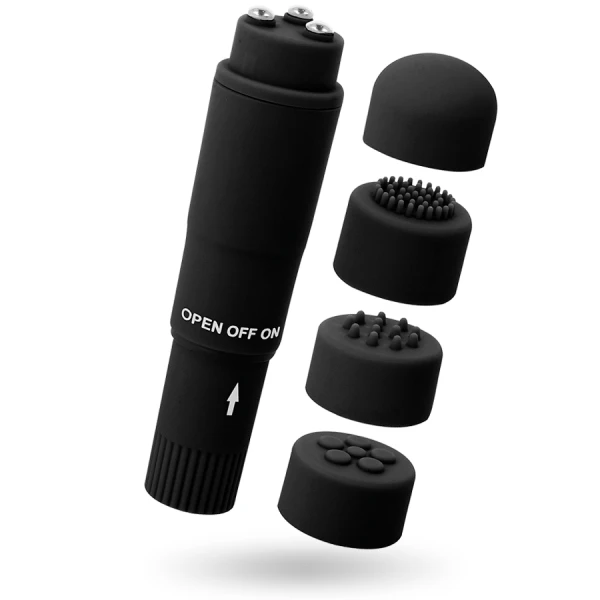 Glossy Kurt Taschenmassager Schwarz – Mini-vibrator met 4 opzetstukken Glossy Kurt Taschenmassager Schwarz – Mini-vibrator met 4 opzetstukken