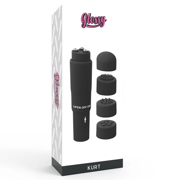 Glossy Kurt Taschenmassager Schwarz – Mini-vibrator met 4 opzetstukken Glossy Kurt Taschenmassager Schwarz – Mini-vibrator met 4 opzetstukken