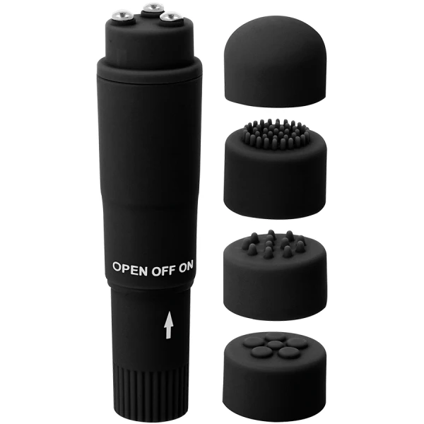 Glossy Kurt Taschenmassager Schwarz – Mini-vibrator met 4 opzetstukken Glossy Kurt Taschenmassager Schwarz – Mini-vibrator met 4 opzetstukken