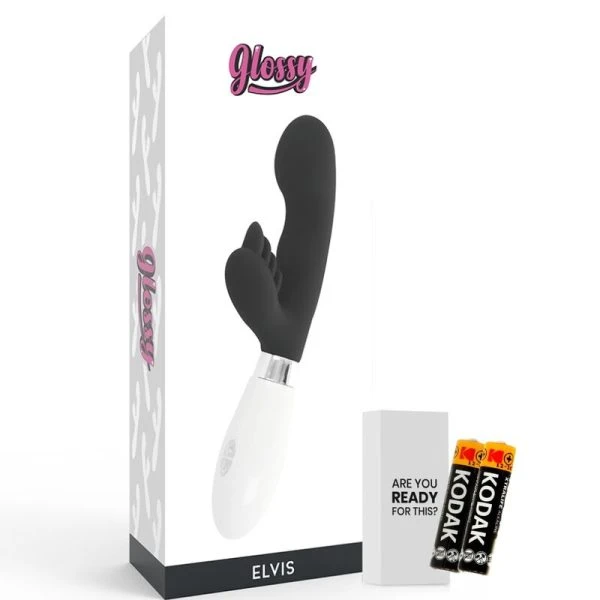 Glossy Elvis konijnenvibrator met clitorisstimulator, zwart