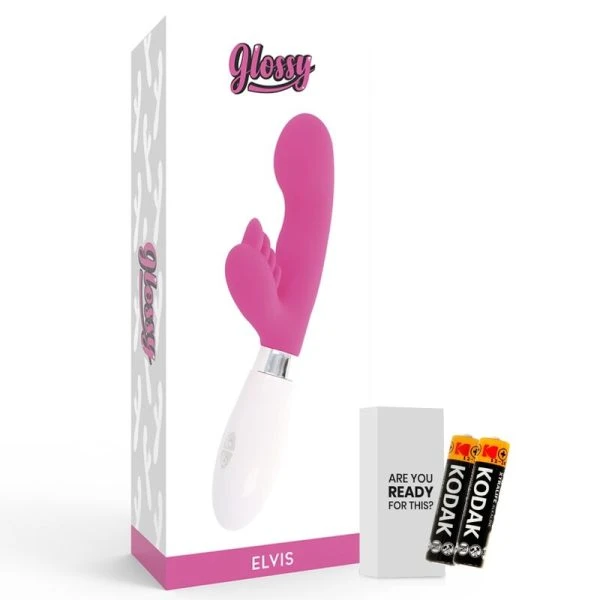 Glanzende konijnenvibrator Elvis Roze met clitorisstimulator