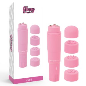 Glossy Kurt Taschenmassager Rosa – Mini-vibrator met 4 opzetstukken Glossy Kurt Taschenmassager Rosa – Mini-vibrator met 4 opzetstukken - Afbeelding 1