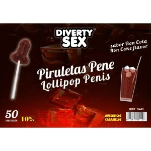 Diablo Goloso Penis-Lollipops met Rum-Cola 10% Alcohol 50er Display