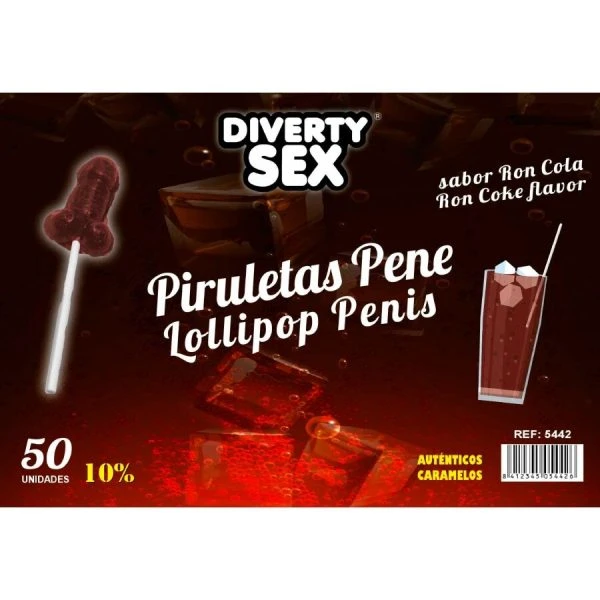 Diablo Goloso Penis-Lollipops met Rum-Cola 10% Alcohol 50er Display