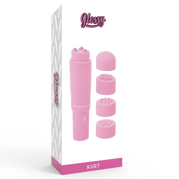 Glossy Kurt Taschenmassager Rosa – Mini-vibrator met 4 opzetstukken Glossy Kurt Taschenmassager Rosa – Mini-vibrator met 4 opzetstukken