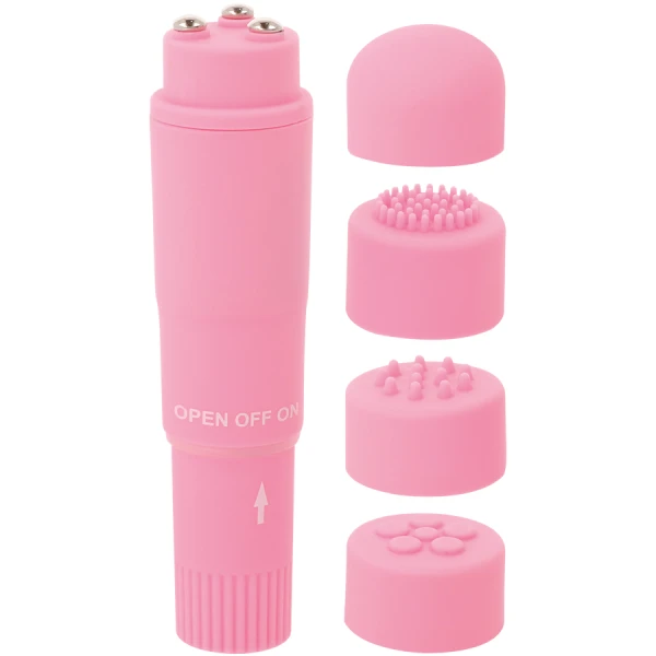 Glossy Kurt Taschenmassager Rosa – Mini-vibrator met 4 opzetstukken Glossy Kurt Taschenmassager Rosa – Mini-vibrator met 4 opzetstukken