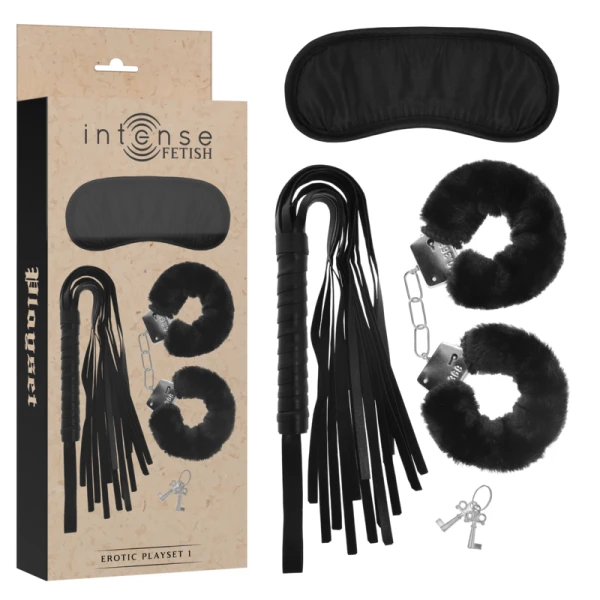 Intense Fetish Fetisch-Set mit Handschellen, Augenbinde und Peitsche