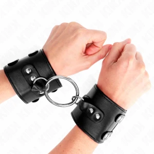 Kink Fixed Wrist Cuffs with Ring and Studs, Adjustable, Black