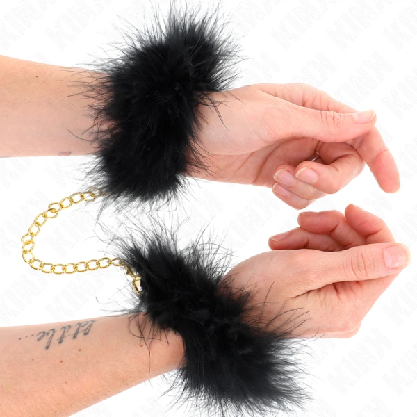 Kink Federhandboeien met gouden ketting voor bondage