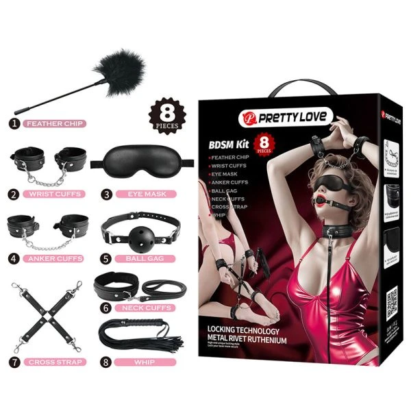 Pretty Love 8-delig BDSM-set Zwart voor bind- en zintuigspelletjes
