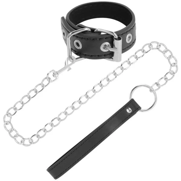 Darkness Penisring met geleidingsriem en ketting van vegan leer