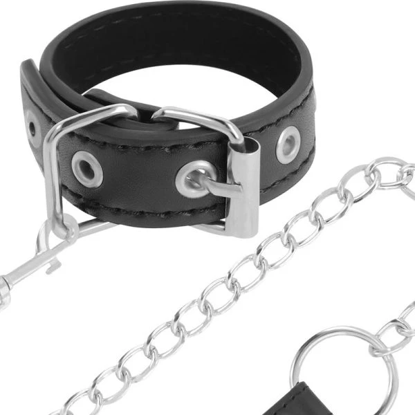 Darkness Penisring met geleidingsriem en ketting van vegan leer
