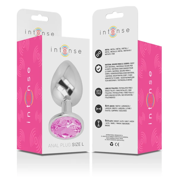 Intense anaalplug van metaal met roze kristal, maat L