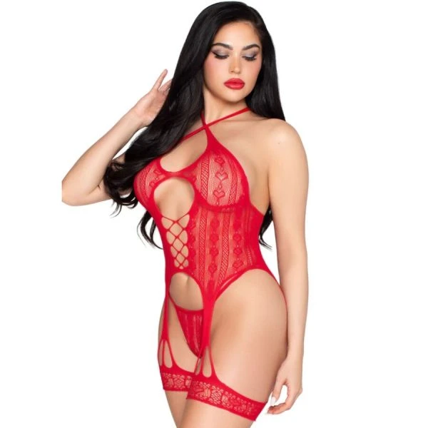 Leg Avenue kantelen bodysuit met jarretelgordel en string rood