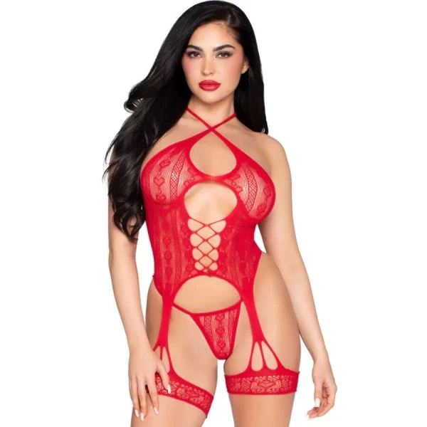 Leg Avenue kantelen bodysuit met jarretelgordel en string rood