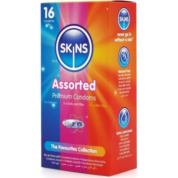 Skins Gesorteerde Premium-Condoomverpakking 16 – Original, Nopjes, Ribbels, Ultradun