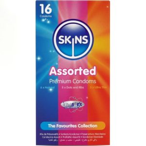 Skins Gesorteerde Premium-Condoomverpakking 16 – Original, Nopjes, Ribbels, Ultradun Skins Gesorteerde Premium-Condoomverpakking 16 – Original, Nopjes, Ribbels, Ultradun - Afbeelding 1