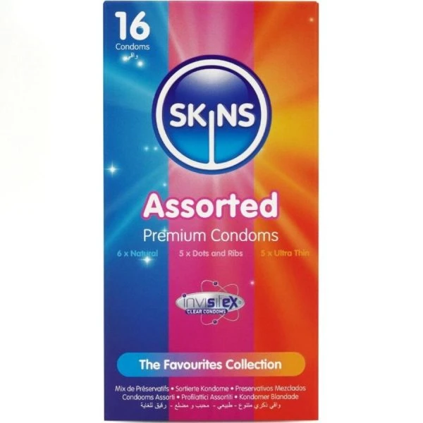 Skins Gesorteerde Premium-Condoomverpakking 16 – Original, Nopjes, Ribbels, Ultradun