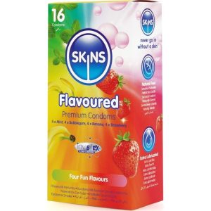 Skins Condooms met Smaak 16-pack Banaan Kauwgom Munt Aardbei Skins Condooms met Smaak 16-pack Banaan Kauwgom Munt Aardbei - Afbeelding 2
