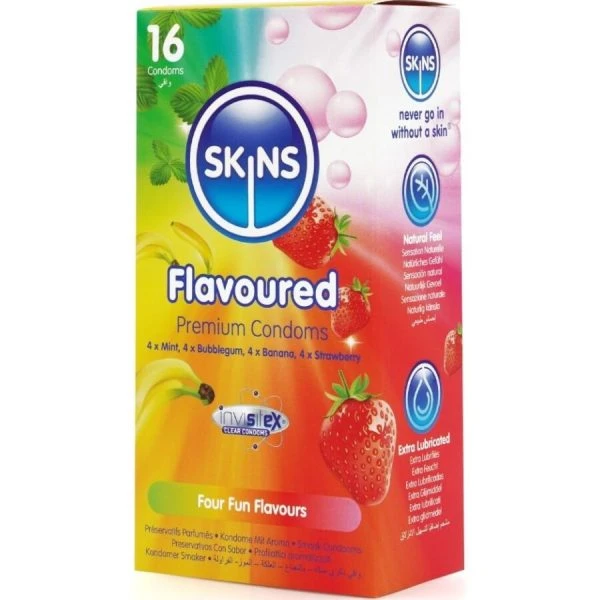 Skins Condooms met Smaak 16-pack Banaan Kauwgom Munt Aardbei