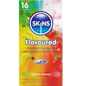 Skins Condooms met Smaak 16-pack Banaan Kauwgom Munt Aardbei Skins Condooms met Smaak 16-pack Banaan Kauwgom Munt Aardbei - Afbeelding 1