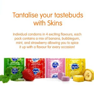 Skins Condooms met Smaak 16-pack Banaan Kauwgom Munt Aardbei Skins Condooms met Smaak 16-pack Banaan Kauwgom Munt Aardbei - Afbeelding 3
