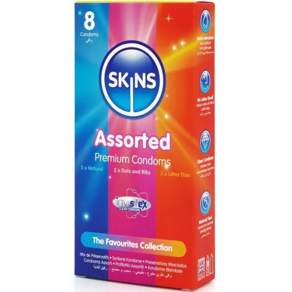 Skins Gesorteerde Premium-Condoomverpakking 8 – Natural, Dots & Ribs, Ultra Thin