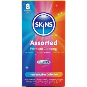 Skins Gesorteerde Premium-Condoomverpakking 8 – Natural, Dots & Ribs, Ultra Thin Skins Gesorteerde Premium-Condoomverpakking 8 – Natural, Dots & Ribs, Ultra Thin - Afbeelding 1