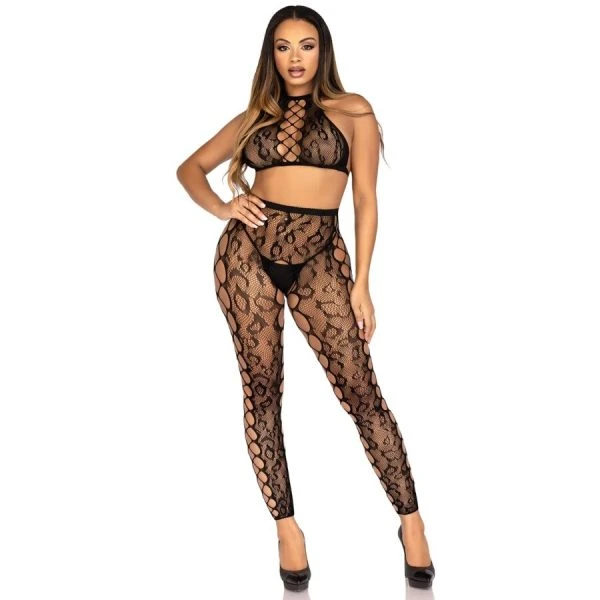 Leg Avenue Crop-Top en Naadloze Panty in Luipaardprint Zwart