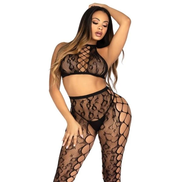 Leg Avenue Crop-Top en Naadloze Panty in Luipaardprint Zwart