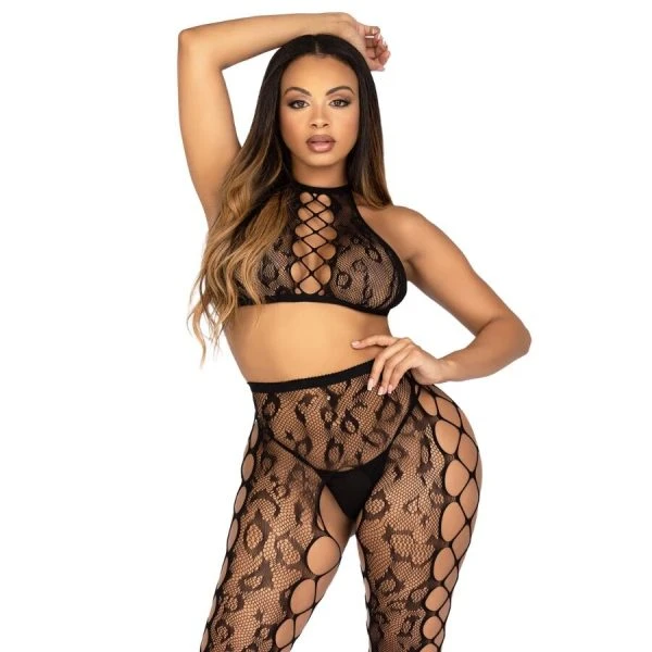 Leg Avenue Crop-Top en Naadloze Panty in Luipaardprint Zwart
