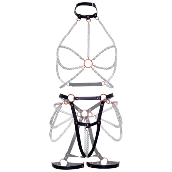 Leg Avenue Harness-BH met Parelkousband van veganistisch Leder