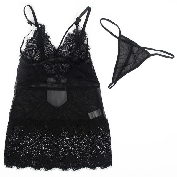 Subblime Babydoll met transparante kantstof en verstelbare bandjes Zwart