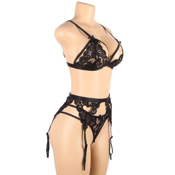 Subblime driedelig dessousset BH, jarretelgordel en string zwart