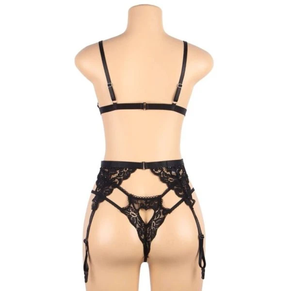 Subblime driedelig dessousset BH, jarretelgordel en string zwart