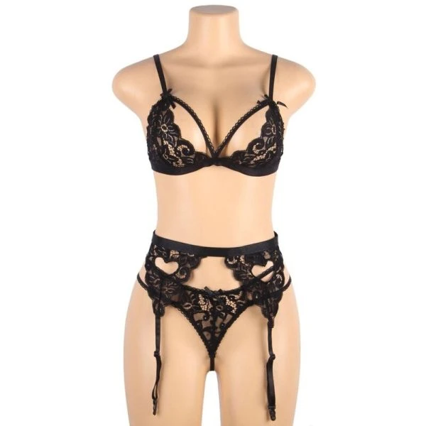 Subblime driedelig dessousset BH, jarretelgordel en string zwart