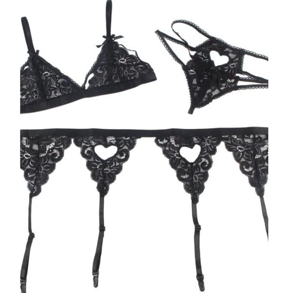 Subblime driedelig dessousset BH, jarretelgordel en string zwart