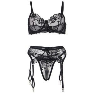 Subblime 3-delige dessousset BH String Kousenband Bloemenprint Zwart Subblime 3-delige dessousset BH String Kousenband Bloemenprint Zwart - Afbeelding 6