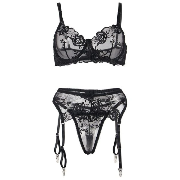 Subblime 3-delige dessousset BH String Kousenband Bloemenprint Zwart Subblime 3-delige dessousset BH String Kousenband Bloemenprint Zwart