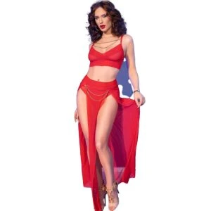 Chilirose Red Tulle Top and Leggings Set with Gold Accessories