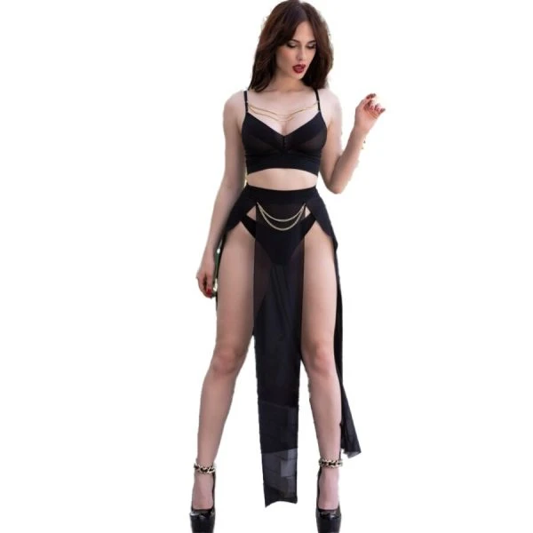 Chilirose Zwarte Top-Rok-Tanga met gouden kettingen