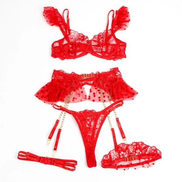 Subblime kantige BH met jarretelgordel en slip set rood