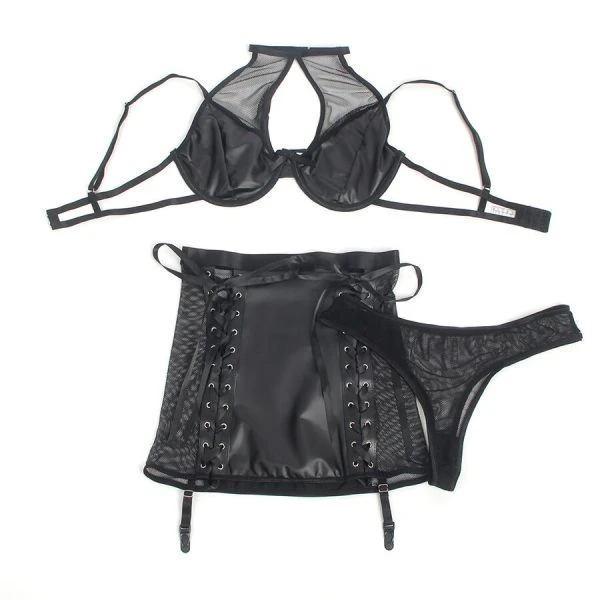 Subblime Neckholder-Dessous-Set met kousenophouder van PU-ledernetz