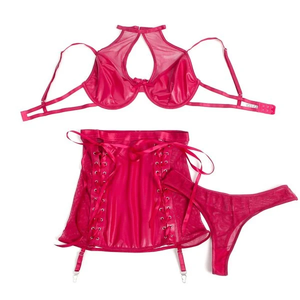 Subblime Leder-BH en Rokset van rood PU-net met kousenophouder