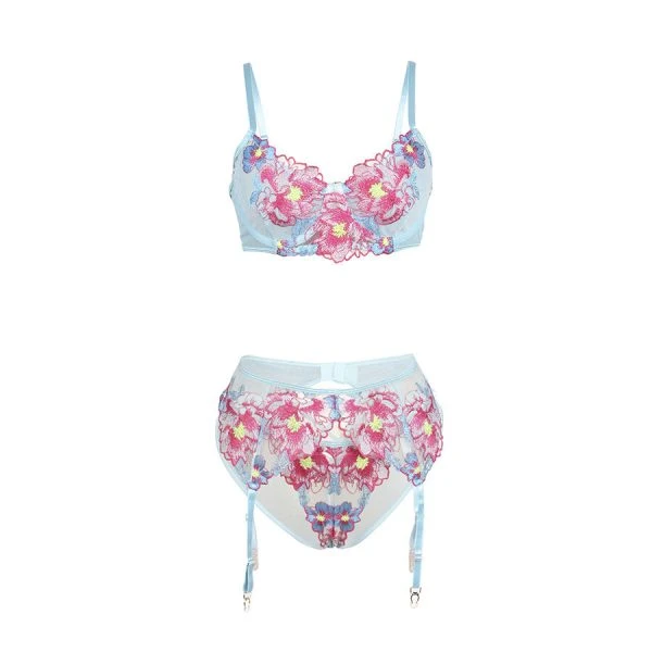 Subblime BH- en jarretelgordelset met bloemenborduurwerk, blauw