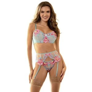 Subblime Bra and Garter Belt Set with Floral Embroidery, Blue