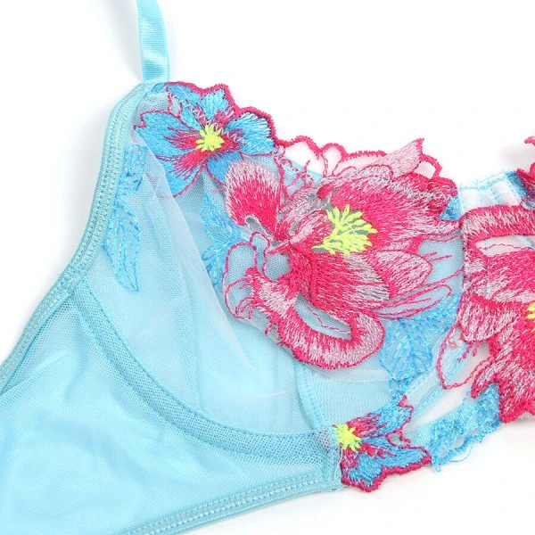 Subblime BH- en jarretelgordelset met bloemenborduurwerk, blauw