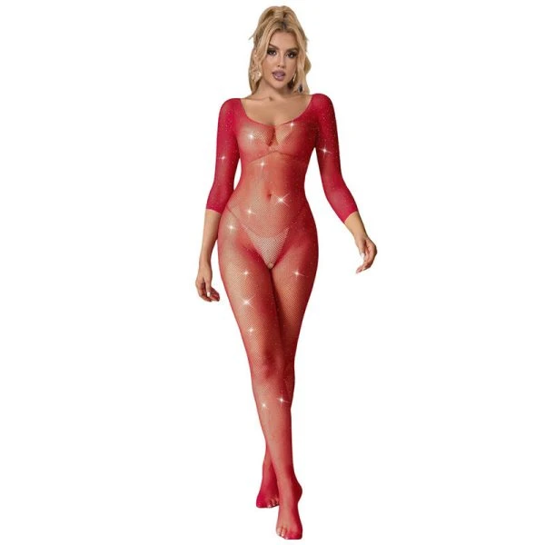 Subblime Netzkous Body met Diamanten, Lange Mouwen, Rood, XS/M